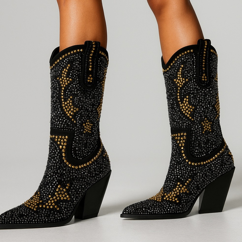 AZALEA WANG Embellished Crystal Western Boots Black & Gold Glam Rock Cowgirl - Picture 6 of 7